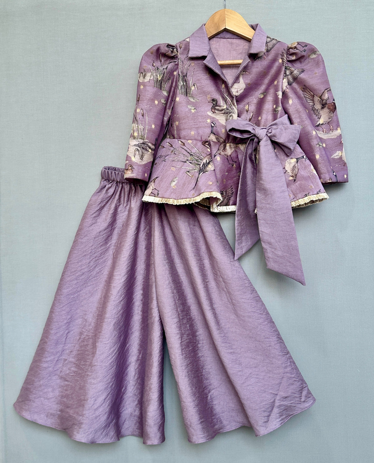 Lavender Bird Print Peplum Top with Palazzo