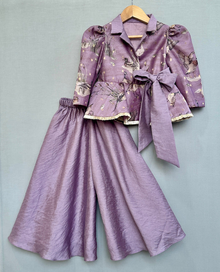 Lavender Bird Print Peplum Top with Palazzo