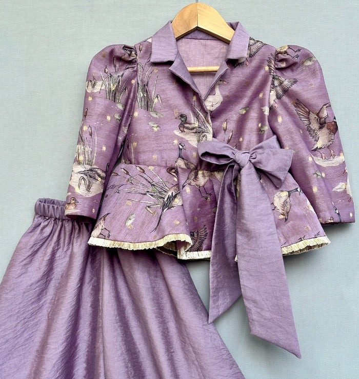 Lavender Bird Print Peplum Top with Palazzo