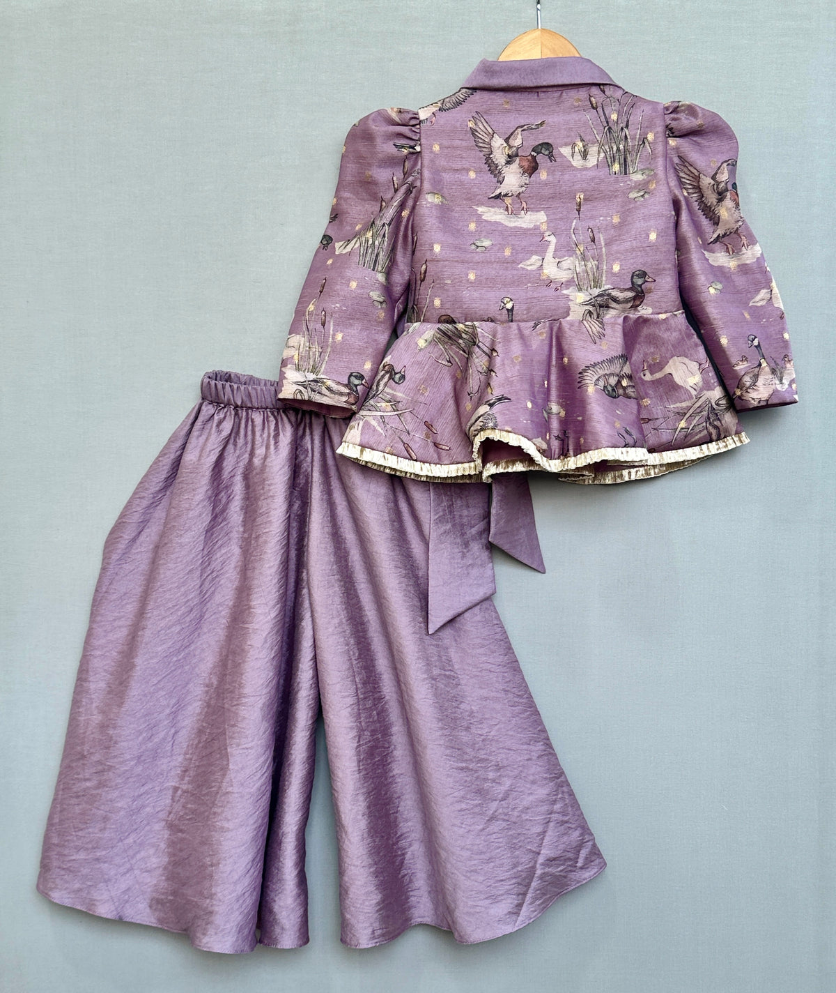 Lavender Bird Print Peplum Top with Palazzo