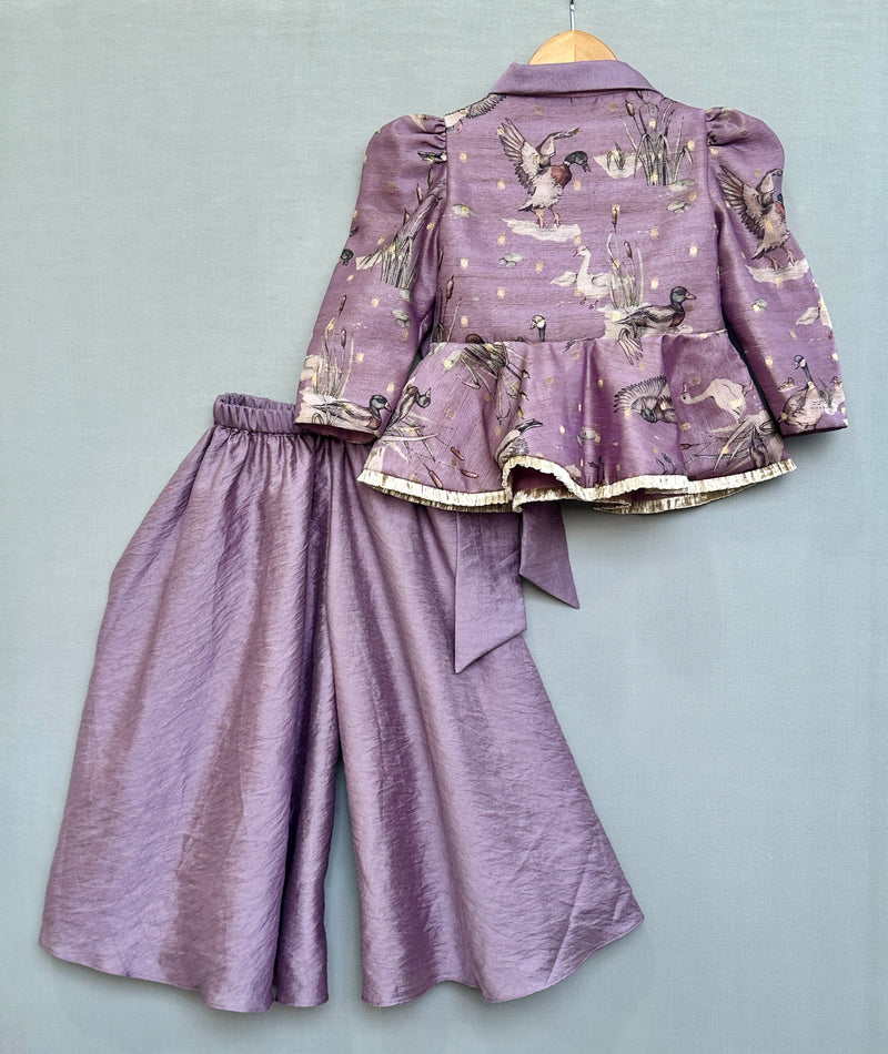 Lavender Bird Print Peplum Top with Palazzo