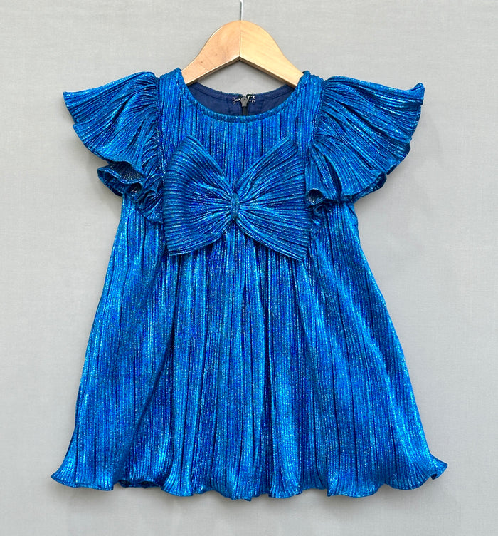 Royal Blue Pleated Party Dress with Oversized Bow