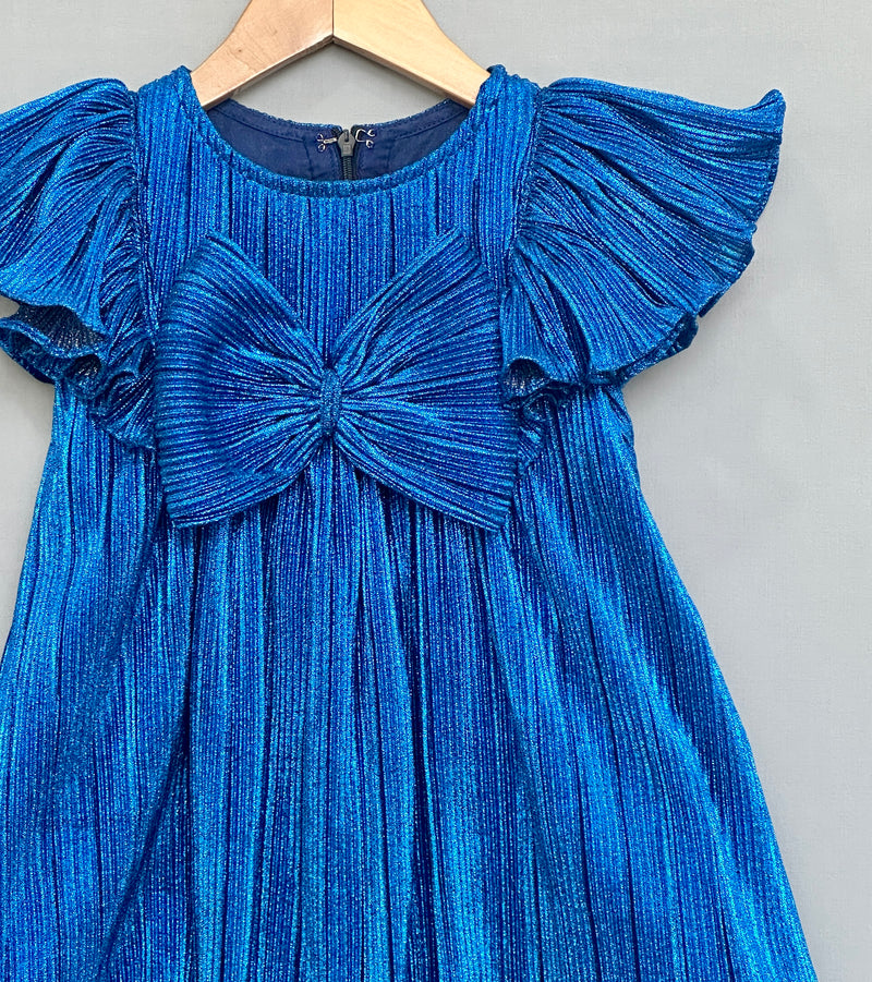 Royal Blue Pleated Party Dress with Oversized Bow