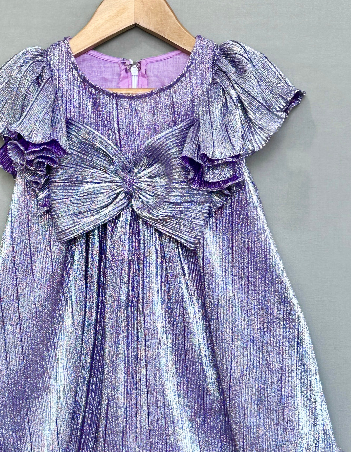 Metallic Purple Pleated Party Dress with oversized bow