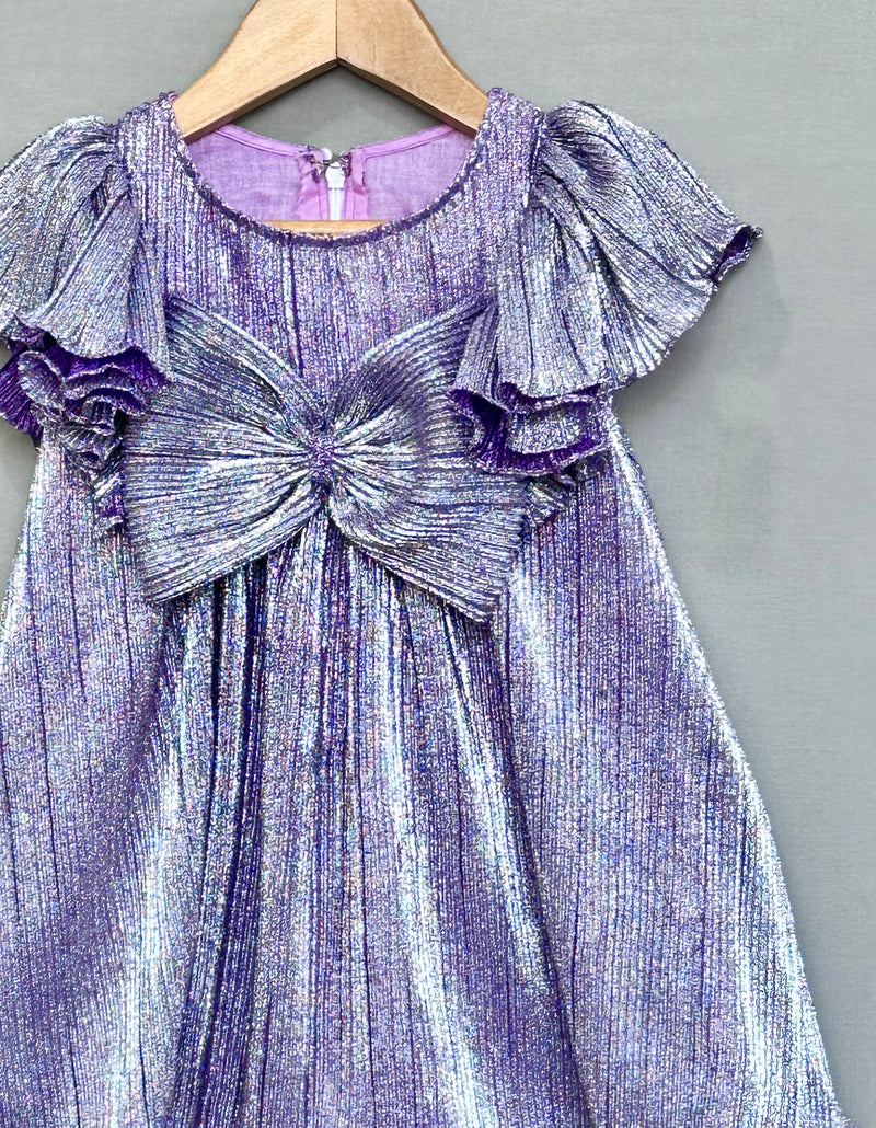 Metallic Purple Pleated Party Dress with oversized bow
