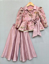 Dusty Rose Floral and Bird Print Peplum Top with Palazzo