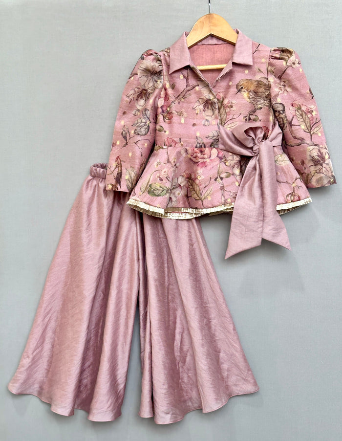 Dusty Rose Floral and Bird Print Peplum Top with Palazzo