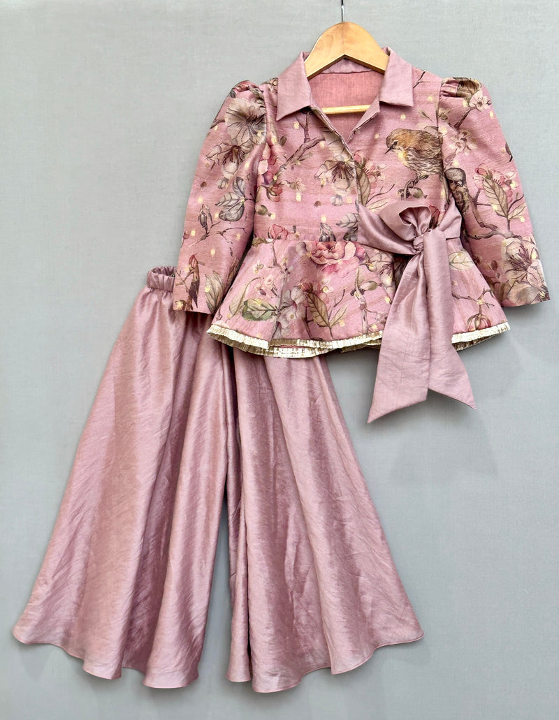 Dusty Rose Floral and Bird Print Peplum Top with Palazzo