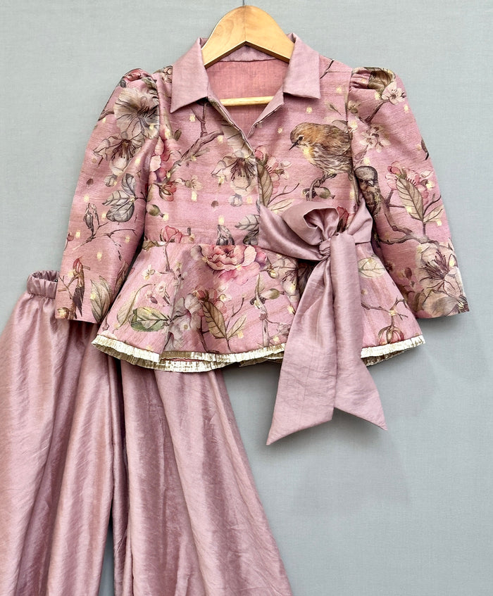 Dusty Rose Floral and Bird Print Peplum Top with Palazzo