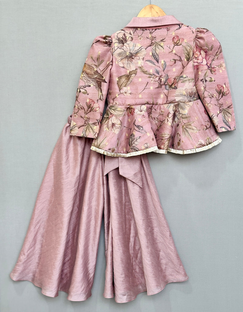 Dusty Rose Floral and Bird Print Peplum Top with Palazzo