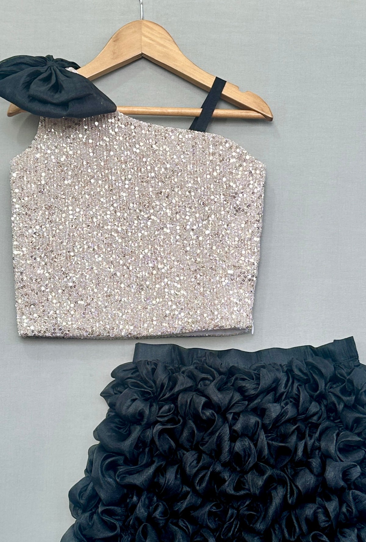 Silver Sequin Top with Black Ruffled Skirt