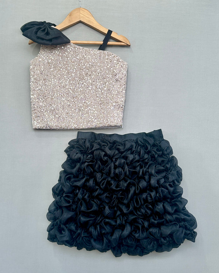 Silver Sequin Top with Black Ruffled Skirt