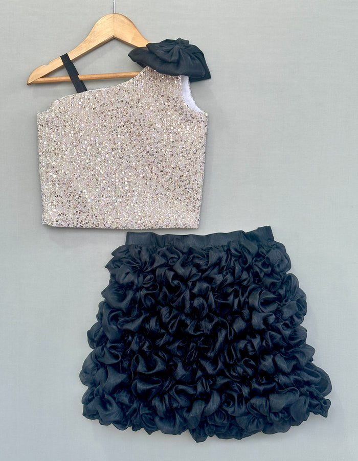 Silver Sequin Top with Black Ruffled Skirt