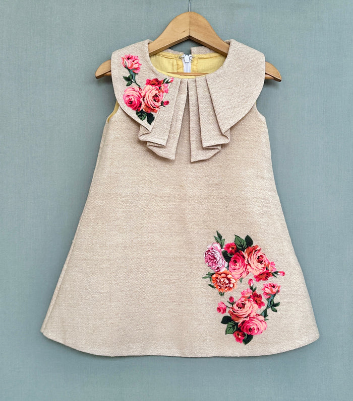 Jute Linen Dress with Floral Applique