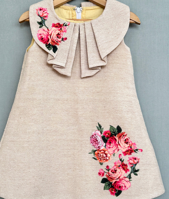 Jute Linen Dress with Floral Applique