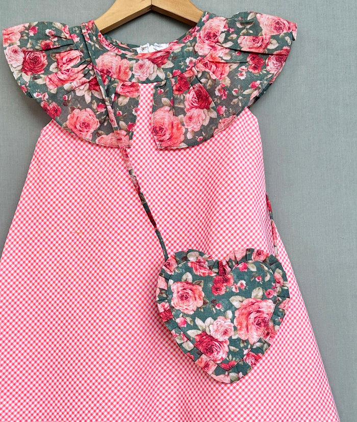 Gingham checks & Floral Dress with Bag