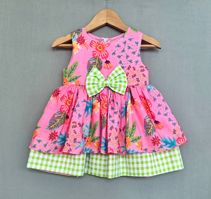 Pink Floral Dress with Gingham Checks