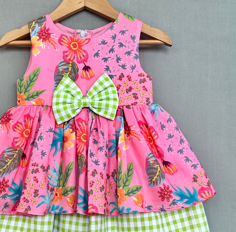 Pink Floral Dress with Gingham Checks