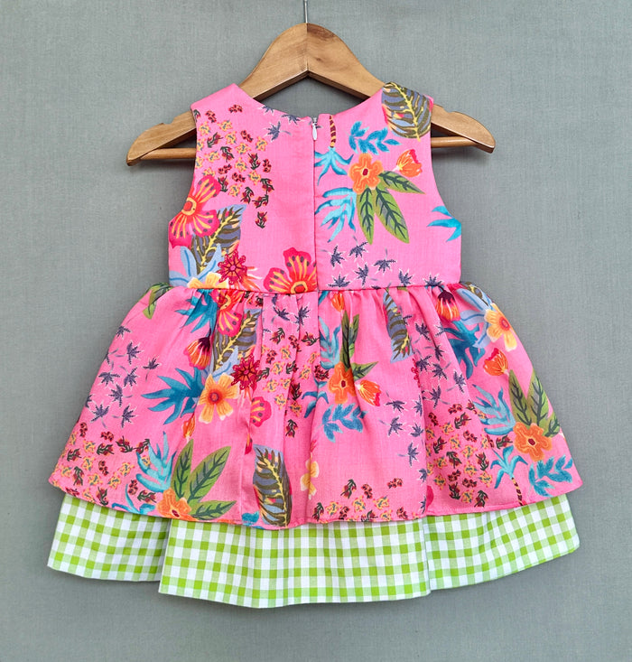 Pink Floral Dress with Gingham Checks