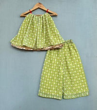 Green Georgette Print Geometric Motif Top With Palazzo Pant