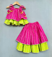 Bandhani And Leheriya Printed Tie Up Strap Top And Lehenga