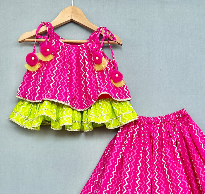 Bandhani And Leheriya Printed Tie Up Strap Top And Lehenga