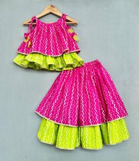 Bandhani And Leheriya Printed Tie Up Strap Top And Lehenga