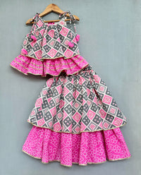 Bandhani And Checks Printed Tie Up Strap Top And Lehenga