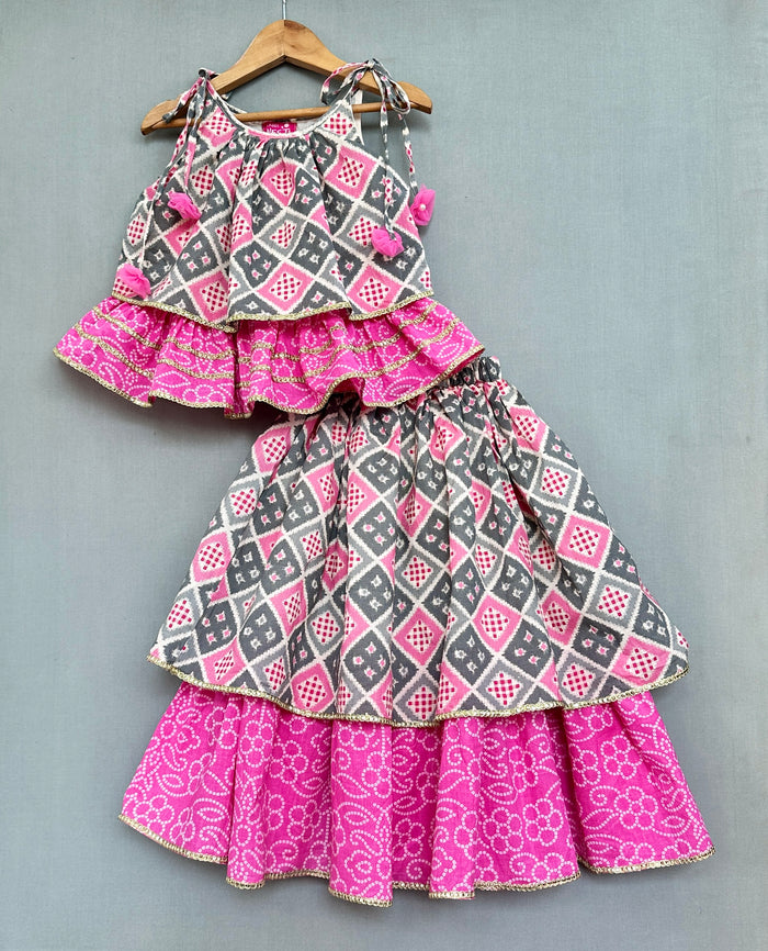 Bandhani And Checks Printed Tie Up Strap Top And Lehenga
