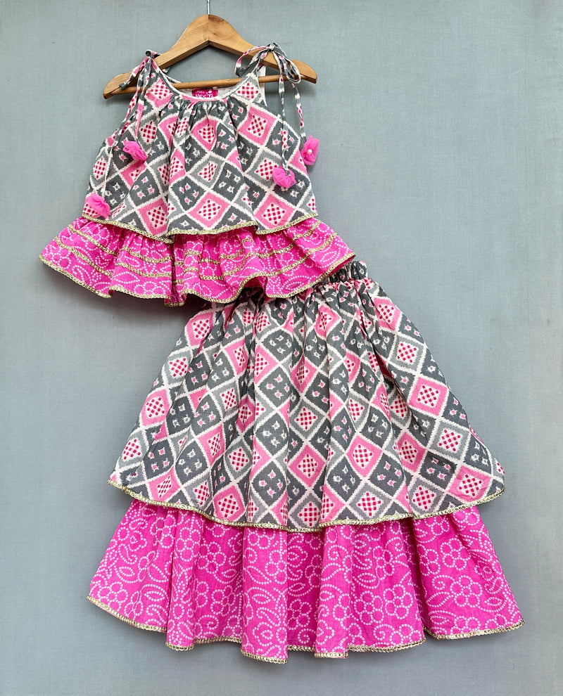 Bandhani And Checks Printed Tie Up Strap Top And Lehenga