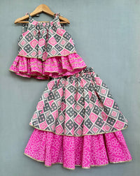 Bandhani And Checks Printed Tie Up Strap Top And Lehenga