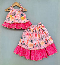 Peach Blossom Print Tiered Lehenga With Top