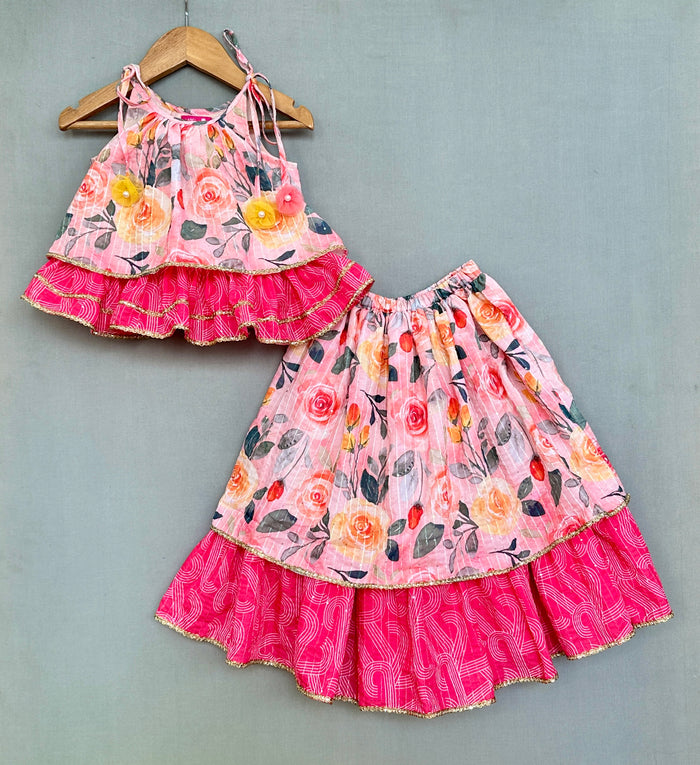 Peach Blossom Print Tiered Lehenga With Top