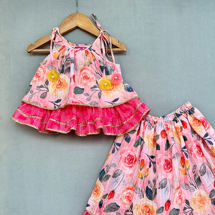 Peach Blossom Print Tiered Lehenga With Top