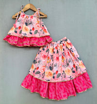 Peach Blossom Print Tiered Lehenga With Top
