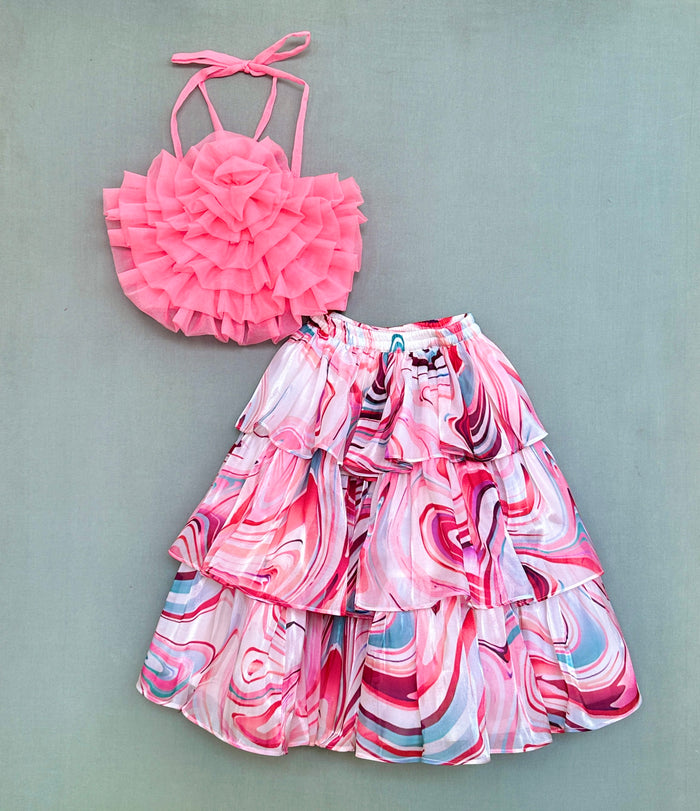 Halter Neck Ruffles top with Printed layers Skirt