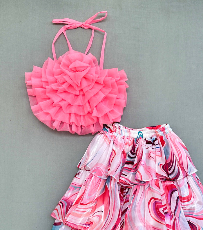 Halter Neck Ruffles top with Printed layers Skirt