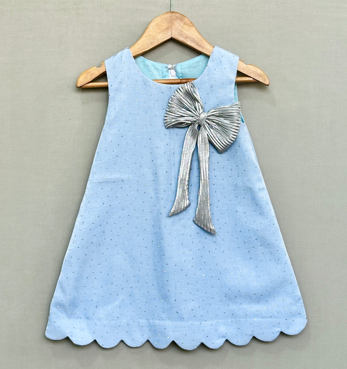 Denim Shimmer Dress with Silver Bow