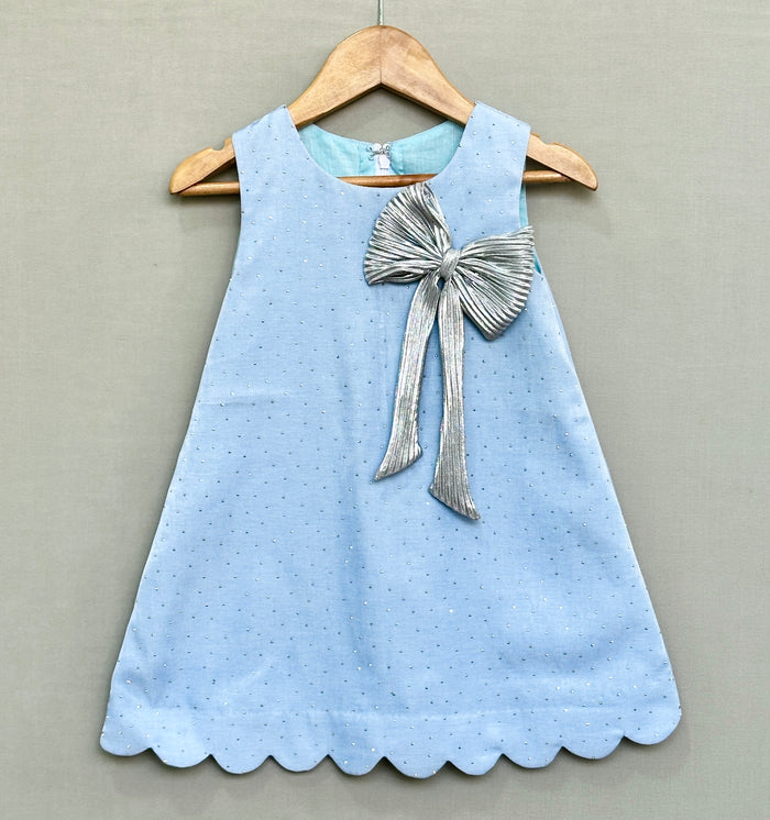 Denim Shimmer Dress with Silver Bow
