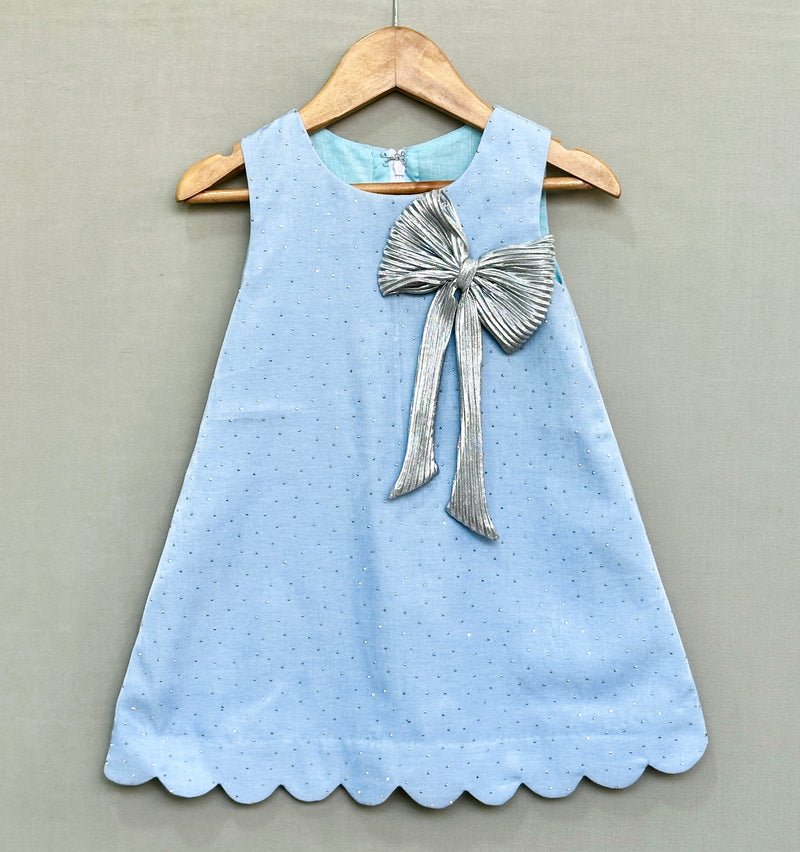Denim Shimmer Dress with Silver Bow