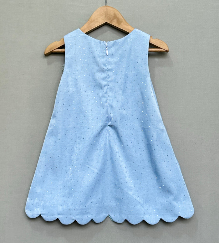 Denim Shimmer Dress with Silver Bow