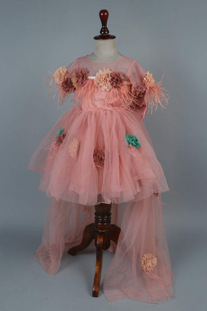 High low flowers embllised net dress with spiral bow and hair band