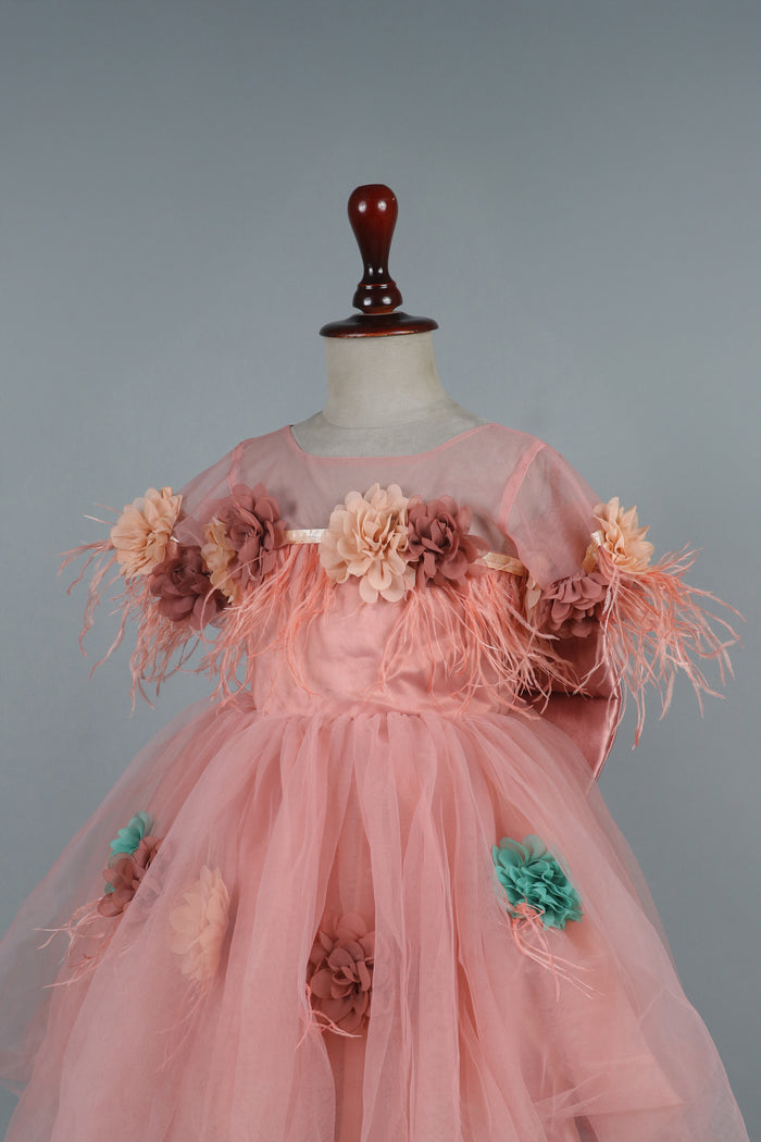 High low flowers embllised net dress with spiral bow and hair band