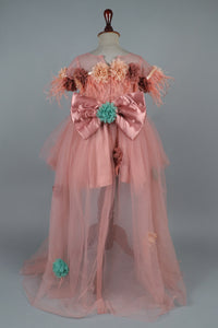 High low flowers embllised net dress with spiral bow and hair band