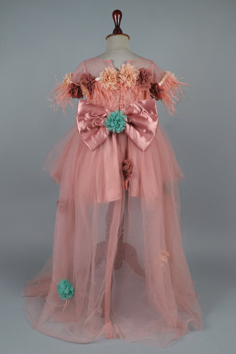 High low flowers embllised net dress with spiral bow and hair band