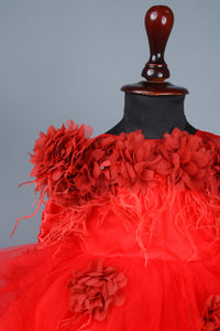 red flower dress with feathers and headband with detachable bow