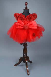 red flower dress with feathers and headband with detachable bow