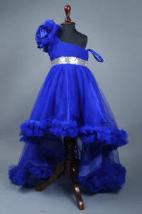 Blue one shoulder high low dress with matching head band and detachable bow