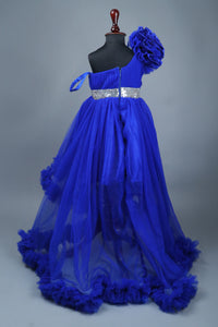 Blue one shoulder high low dress with matching head band and detachable bow