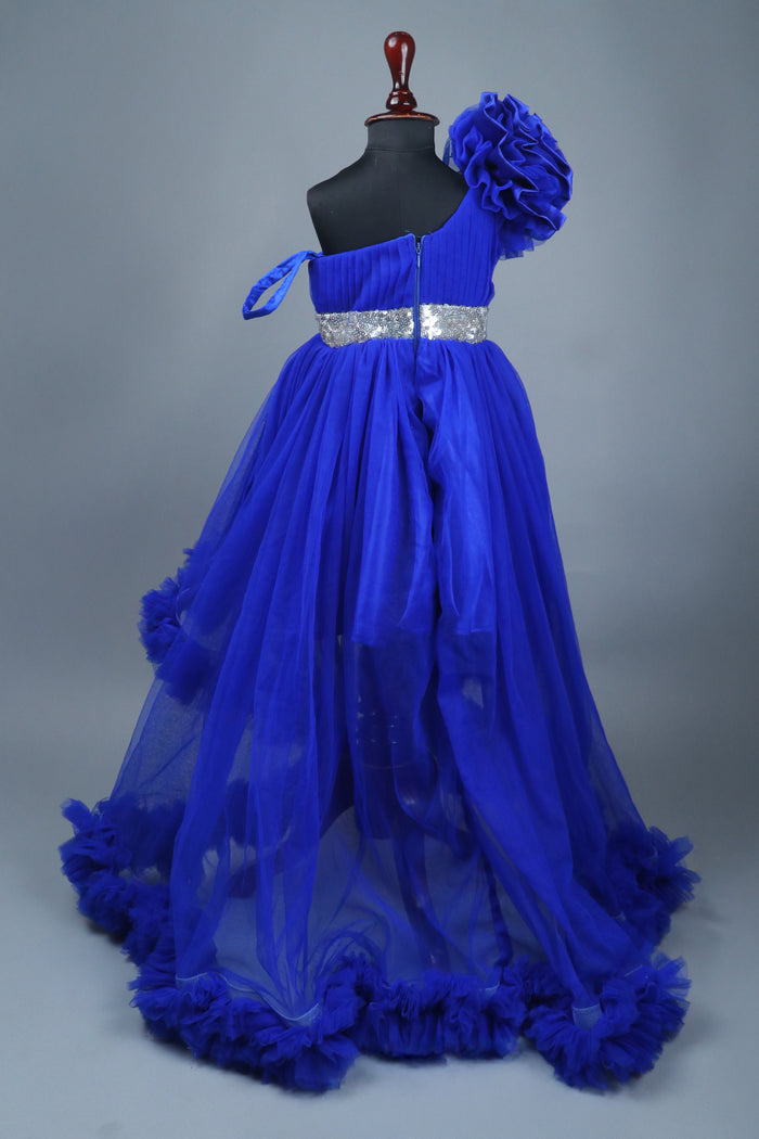 Blue one shoulder high low dress with matching head band and detachable bow